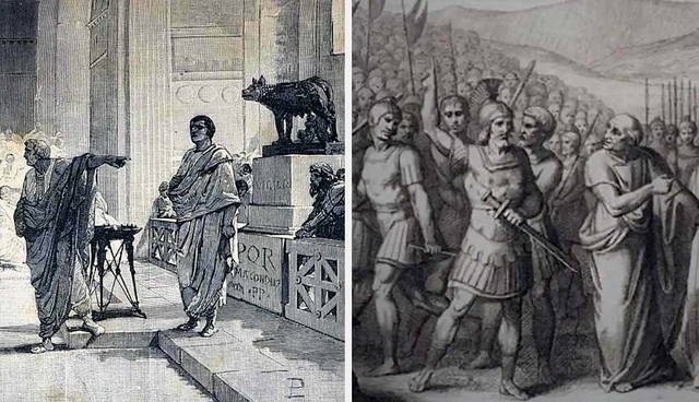 Two historical illustrations depicting scenes from ancient Rome.