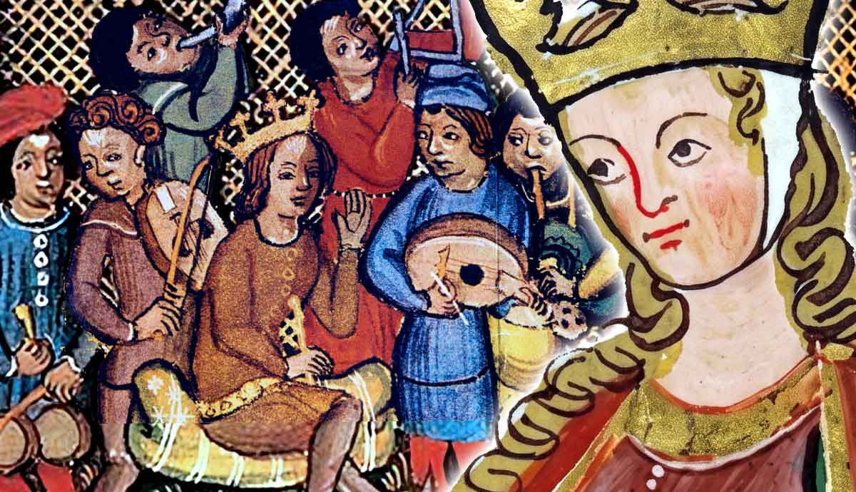 Medieval art depicting a king and musicians.