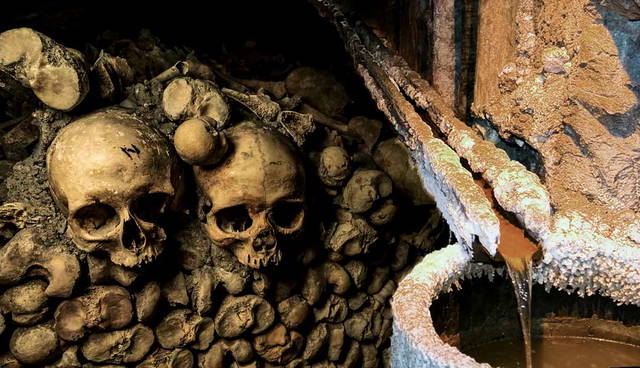 Skulls and bones piled near a flowing water