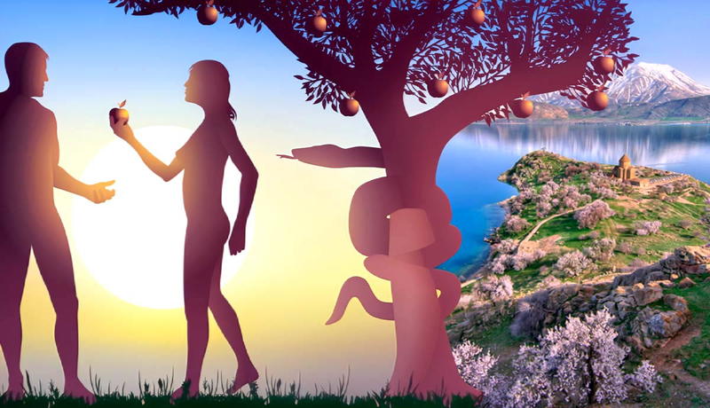 Adam and Eve silhouette in the Garden of Eden.