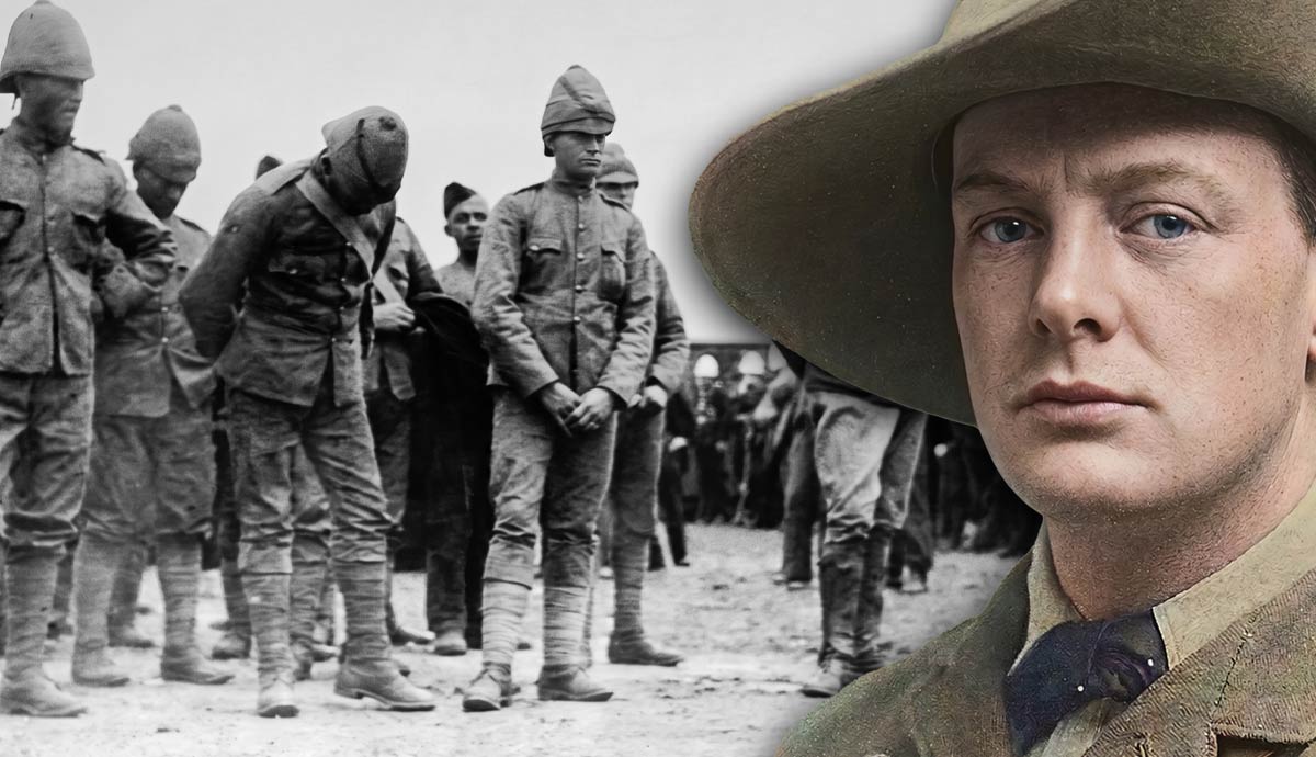 winston churchill closeup with troops background