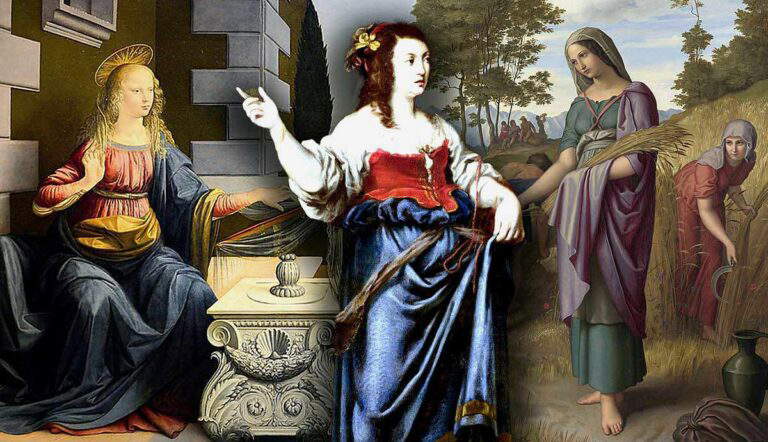 A collage of classical paintings featuring three women.