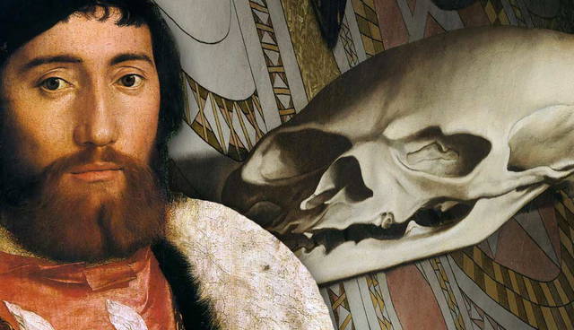 Portrait of a man next to an anamorphic skull