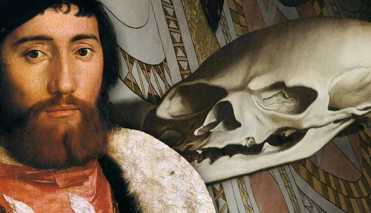 Portrait of a man next to an anamorphic skull