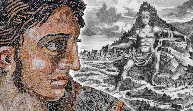 Alexander the Great mosaic next to Mount Athos engraving.