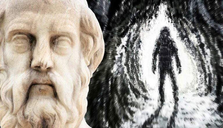 Plato bust next to a silhouette exiting a cave