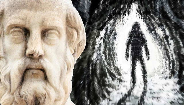 Plato bust next to a silhouette exiting a cave