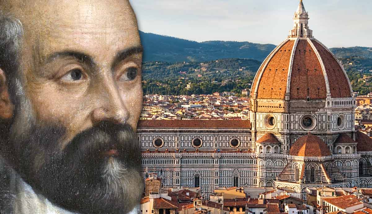 An elderly bearded man beside Florence’s Duomo cathedral.