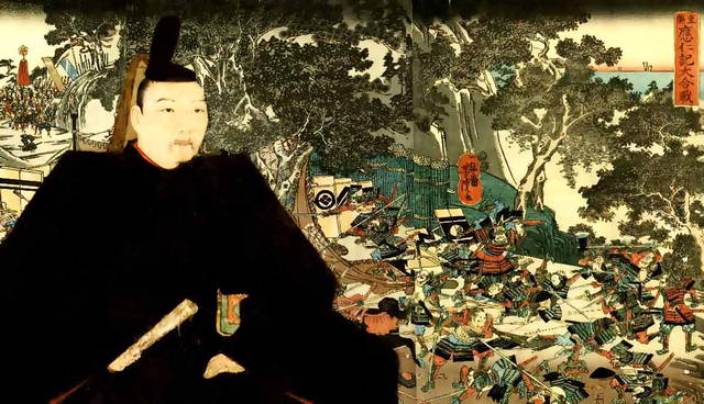 Portrait of a Japanese shogun overlaying a battle scene