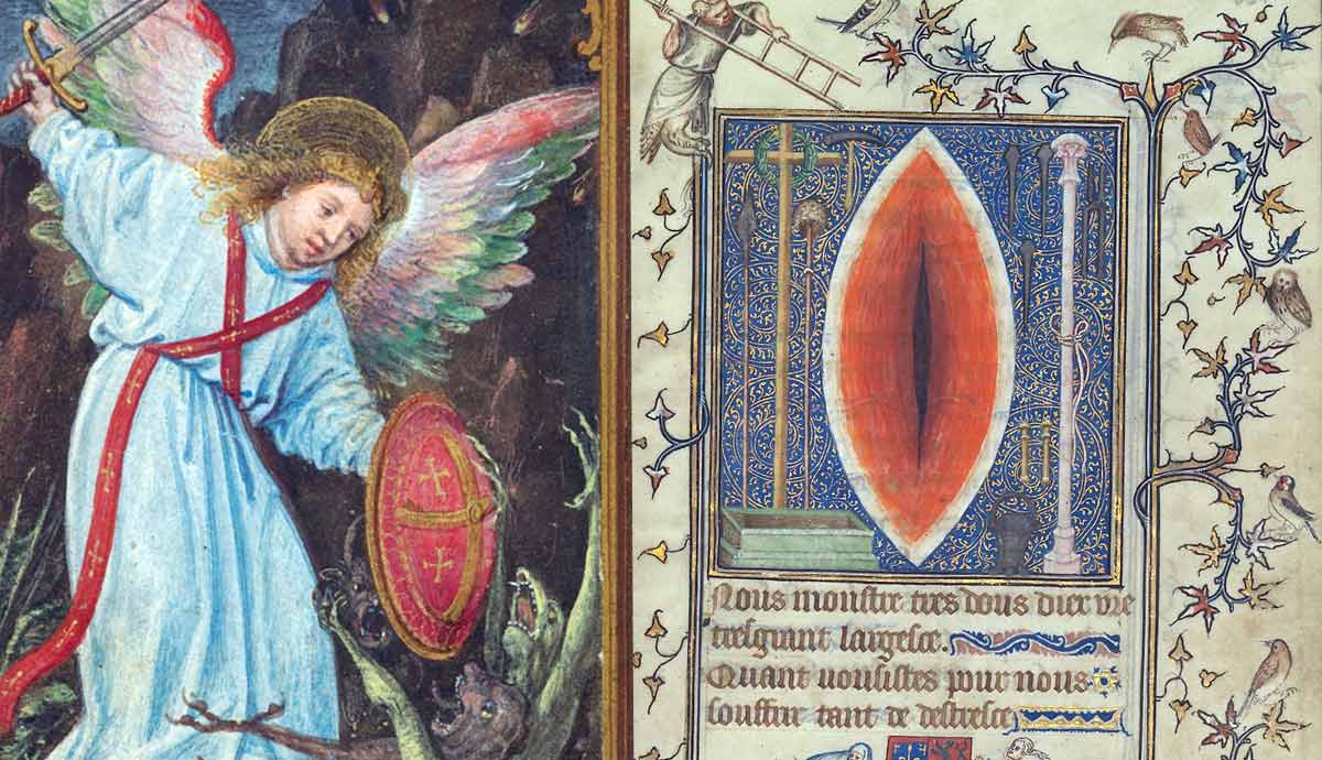 Medieval manuscript painting showing an angel and a wound