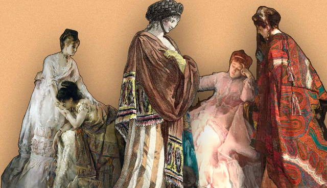 Historical illustration of women in traditional European dresses.