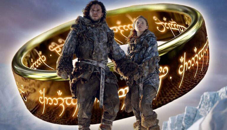 John Snow from Game of Thrones holding the hand of a woman with the ring from the Lord of the Rings as background.
