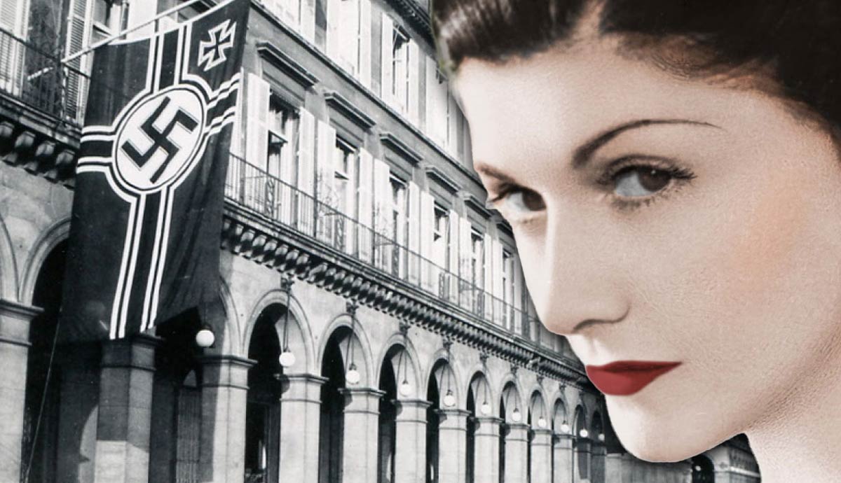 Coco Chanel juxtaposed against a Nazi occupied building