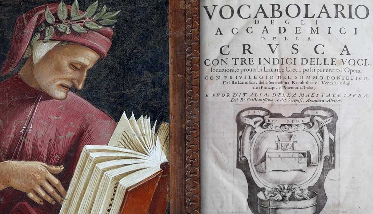 Dante Alighieri portrait next to historical Italian dictionary.