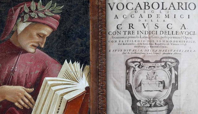 Dante Alighieri portrait next to historical Italian dictionary.