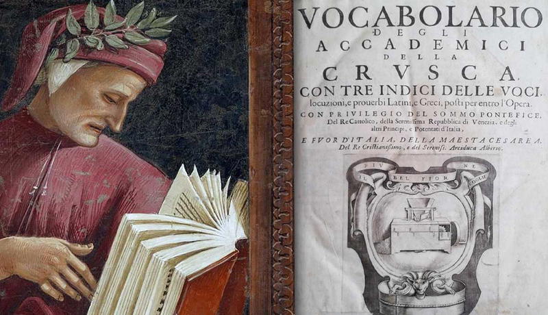 Dante Alighieri portrait next to historical Italian dictionary.