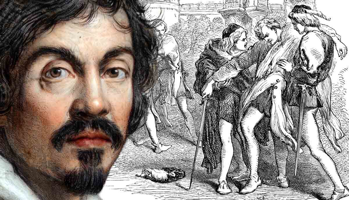 Portrait of Caravaggio overlaid on a sword duel engraving.