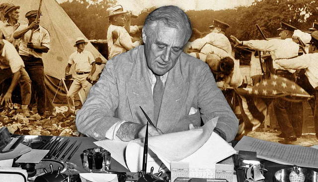 Franklin D. Roosevelt signing papers in front of collage