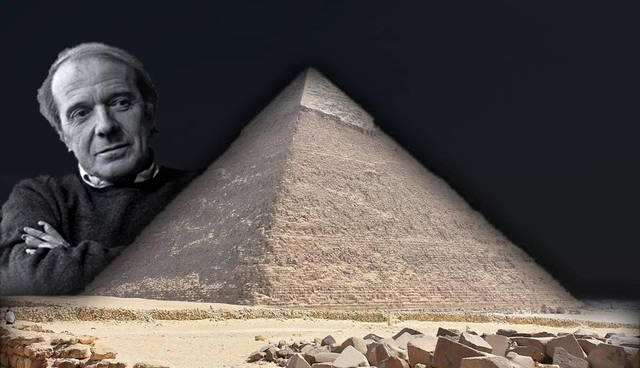 A philosopher beside a pyramid under a dark sky.