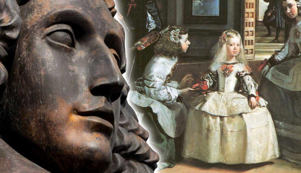 Statue face next to classical painting extract.