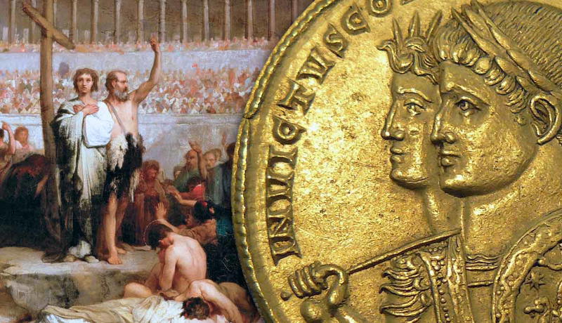 Christian martyrs in Roman arena alongside Constantine gold coin.