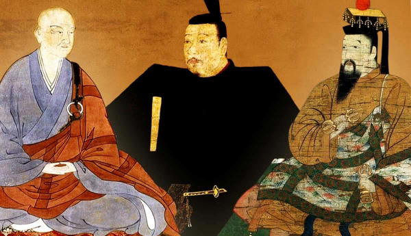 Three men in traditional historical Japanese attire sitting together