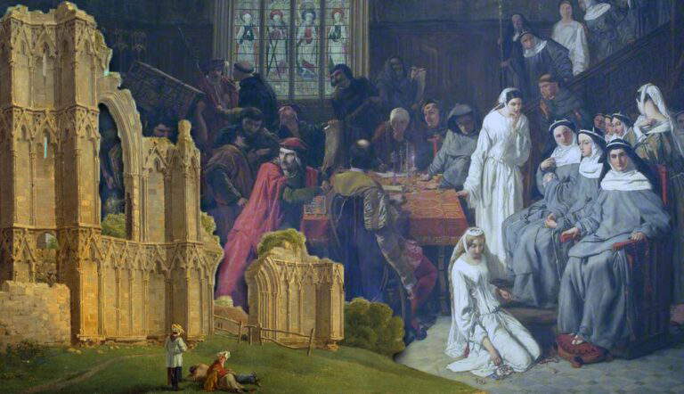 An oil painting depicting a dramatic medieval trial scene.