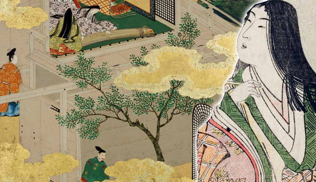 Japanese painting of a noble woman and traditional courtyard.