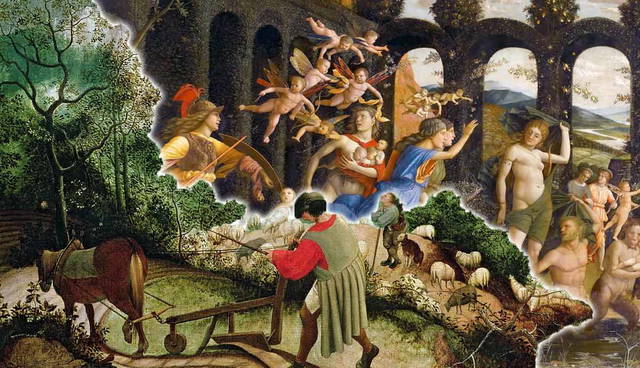 Composite image blending classical paintings of farming and mythology