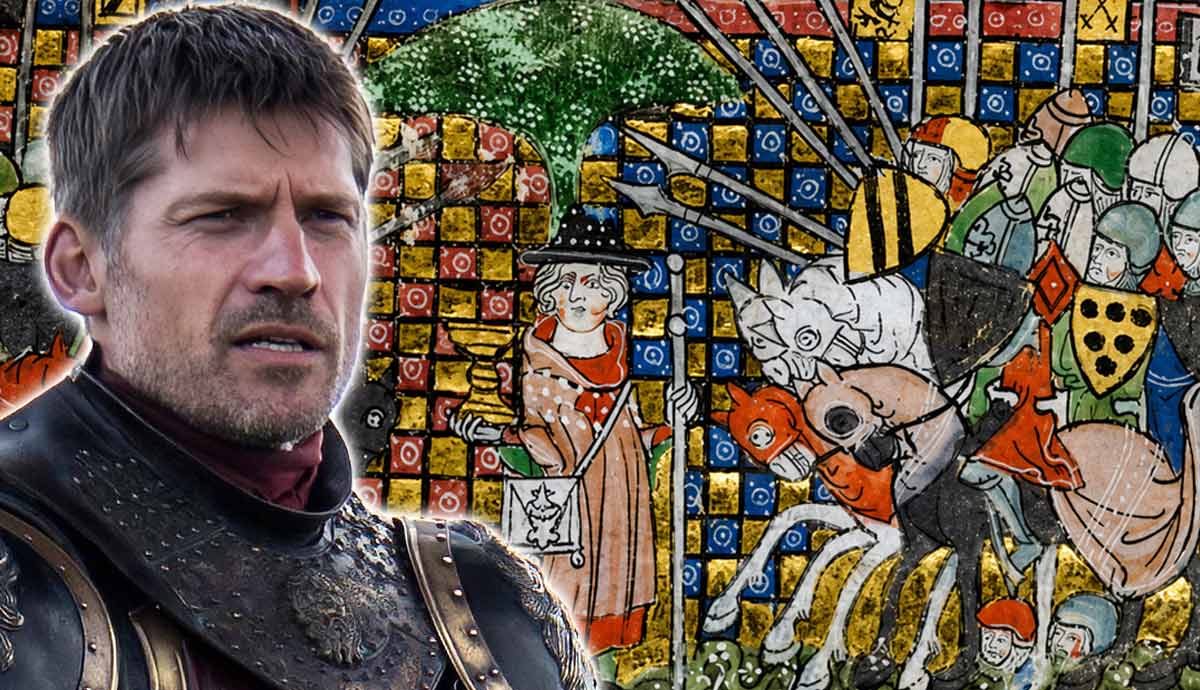 Nikolaj Coster Waldau as Jaime Lannister against medieval art.