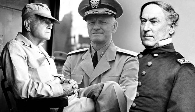 A black and white image of Admirals Halsey, Nimitz, and Farragut