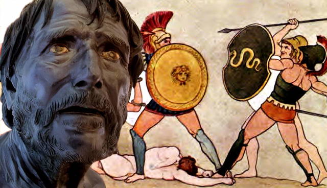Bronze bust overlaying illustration of ancient Greek hoplite combat.