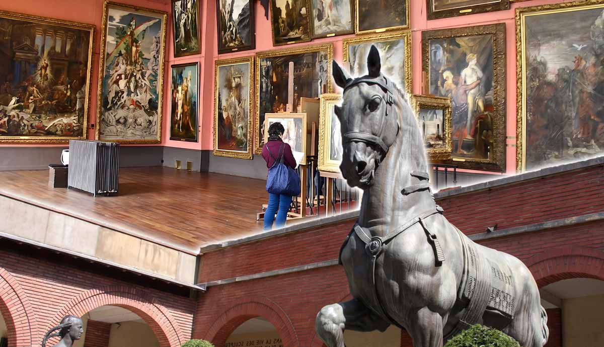 A horse statue superimposed over an art gallery interior.