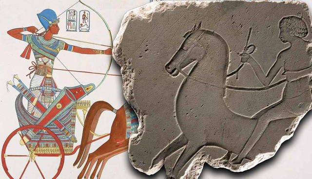 Ancient Egyptian chariot illustration beside a stone relief.