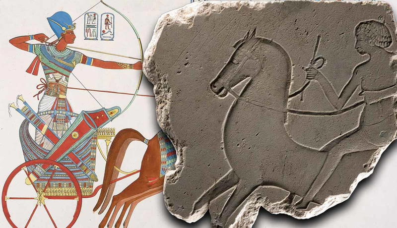 Ancient Egyptian chariot illustration beside a stone relief.