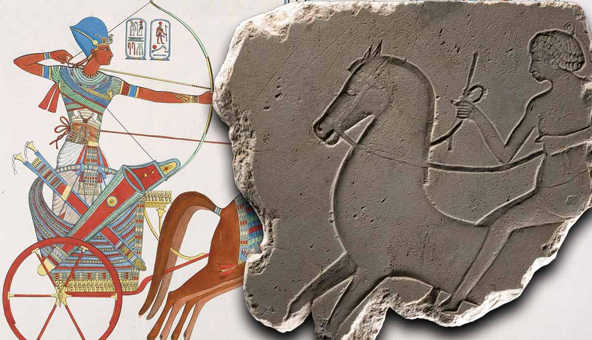 Ancient Egyptian chariot illustration beside a stone relief.
