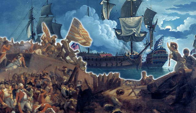 Revolutionary War battle collage with ships and soldiers