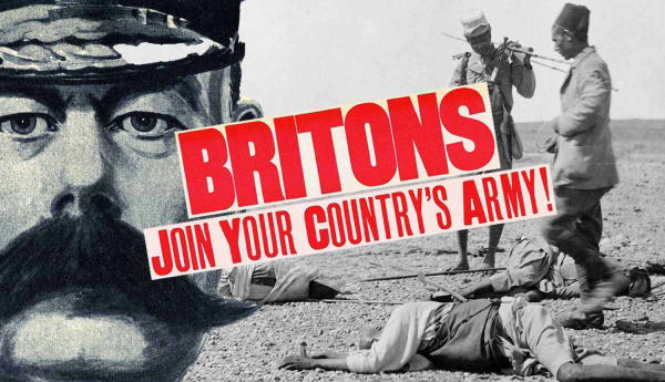 Lord Kitchener recruitment poster over battlefield scene.