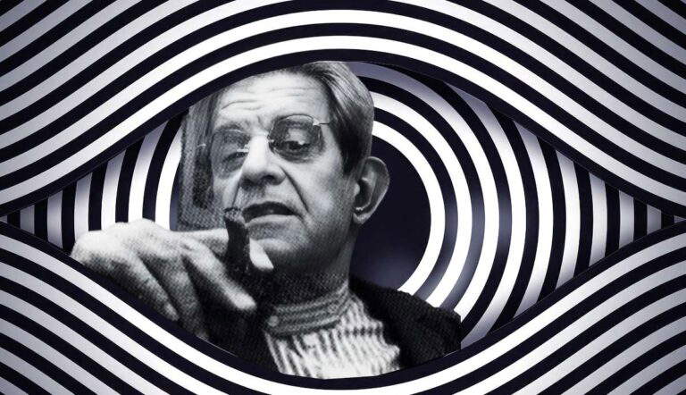 Jacques Lacan framed inside a hypnotic optical illusion eye.