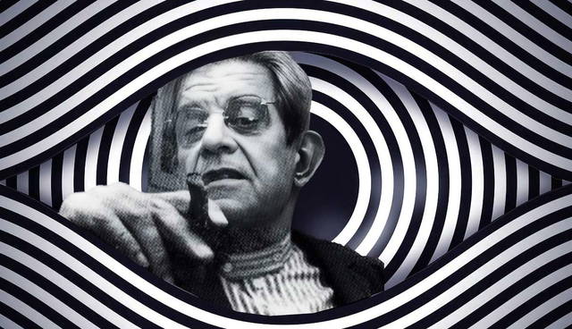 Jacques Lacan framed inside a hypnotic optical illusion eye.