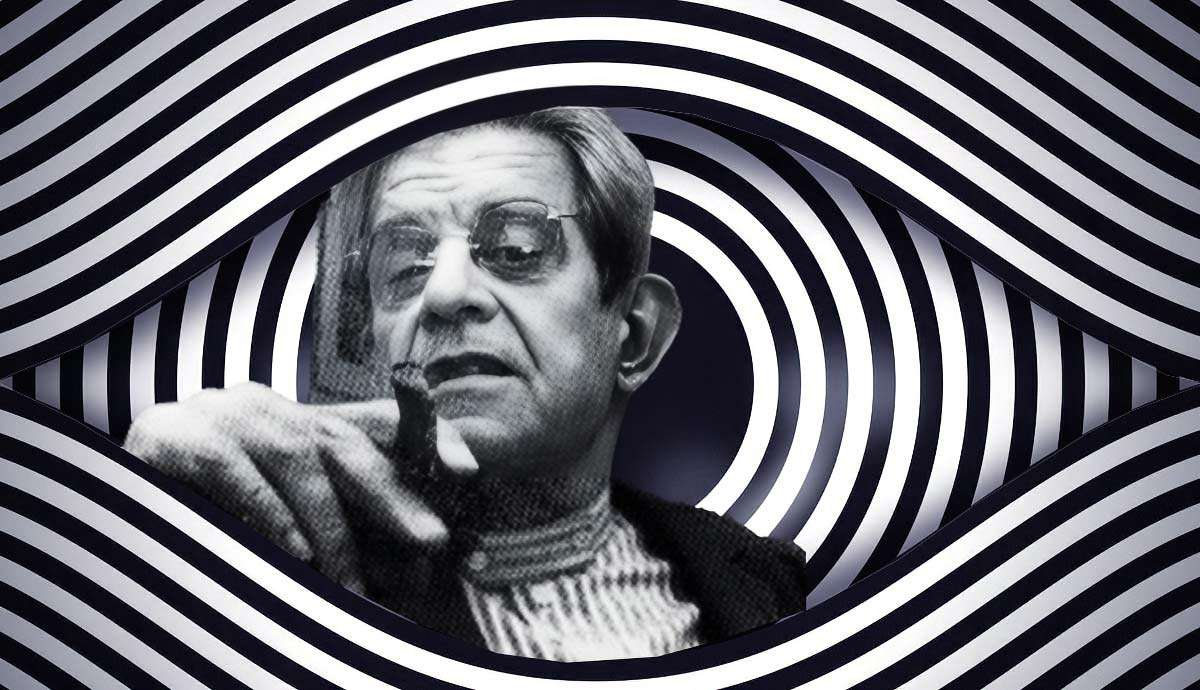 Jacques Lacan framed inside a hypnotic optical illusion eye.