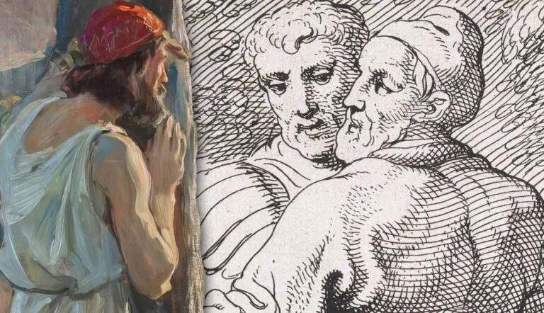 Classical artwork depicting robed figures in profiles
