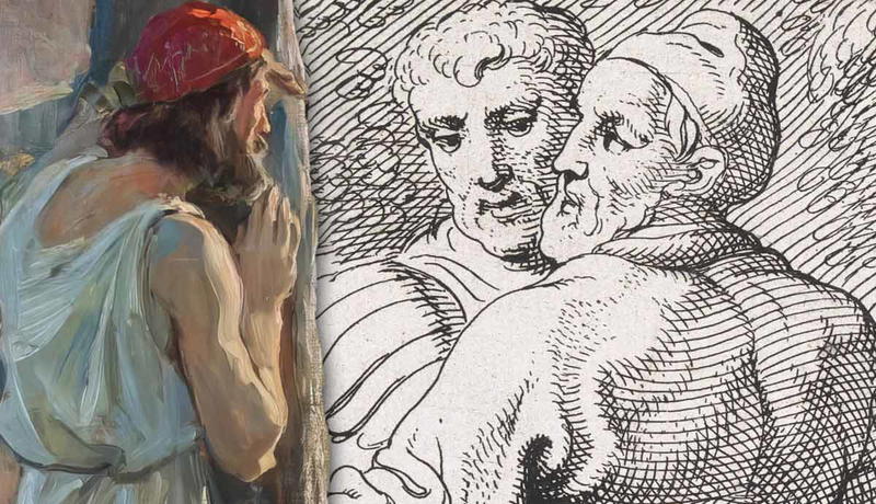 Classical artwork depicting robed figures in profiles