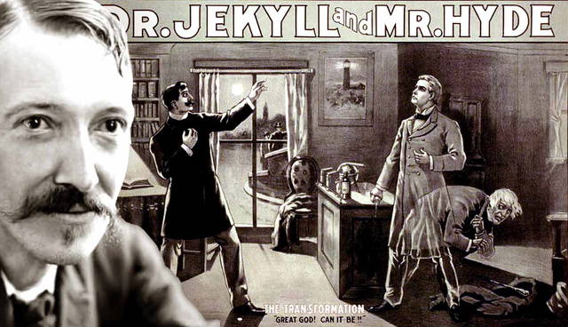 Robert Louis Stevenson beside a Jekyll and Hyde poster.