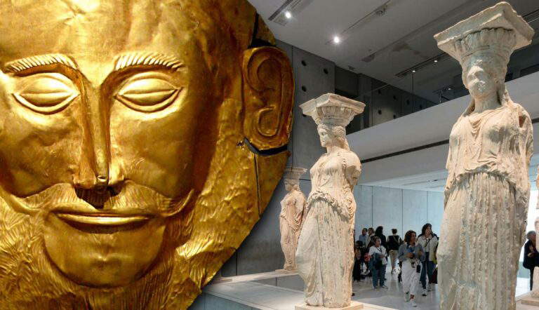 Gold funerary mask beside marble Caryatid statues in museum.