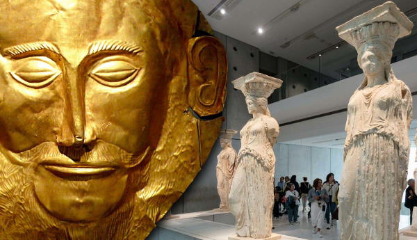Gold funerary mask beside marble Caryatid statues in museum.