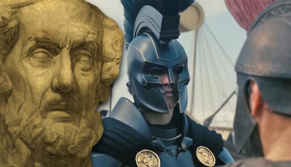 A bearded statue superimposed next to a helmeted soldier.