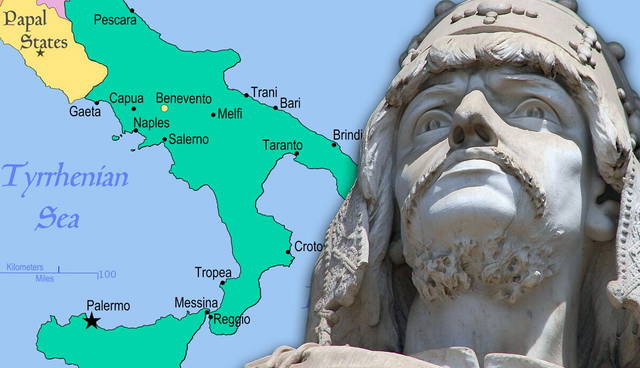 Map of Southern Italy beside a stone king statue.