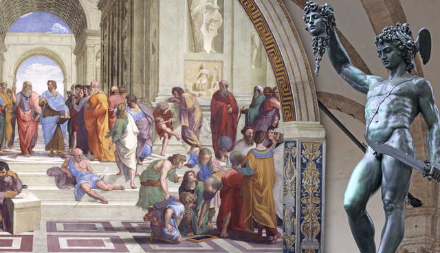 Renaissance painting spliced next to a bronze classical statue.