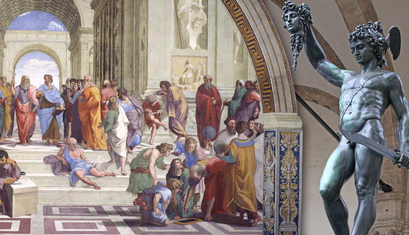 Renaissance painting spliced next to a bronze classical statue.